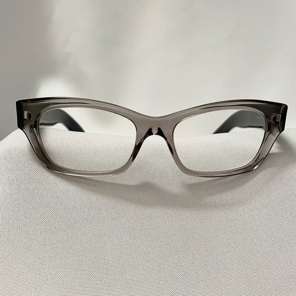 Yves Saint Laurent frames, translucent grey, black wood grain arm, prescription